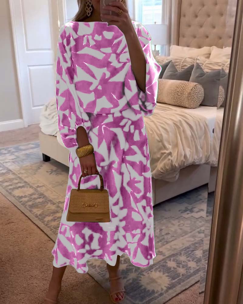 Women's Foliage Print Lantern Sleeve Two-Piece Matching Set