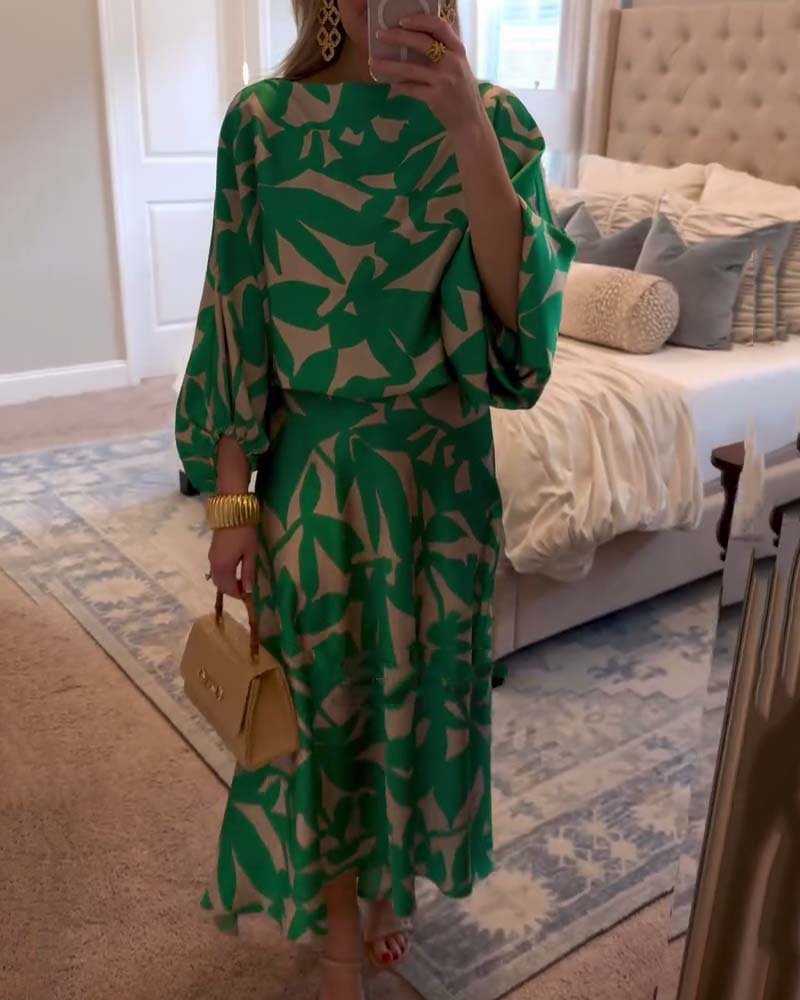 Women's Foliage Print Lantern Sleeve Two-Piece Matching Set