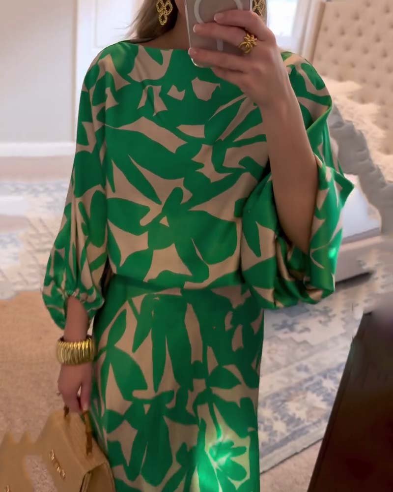 Women's Foliage Print Lantern Sleeve Two-Piece Matching Set