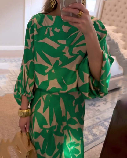 Women's Foliage Print Lantern Sleeve Two-Piece Matching Set