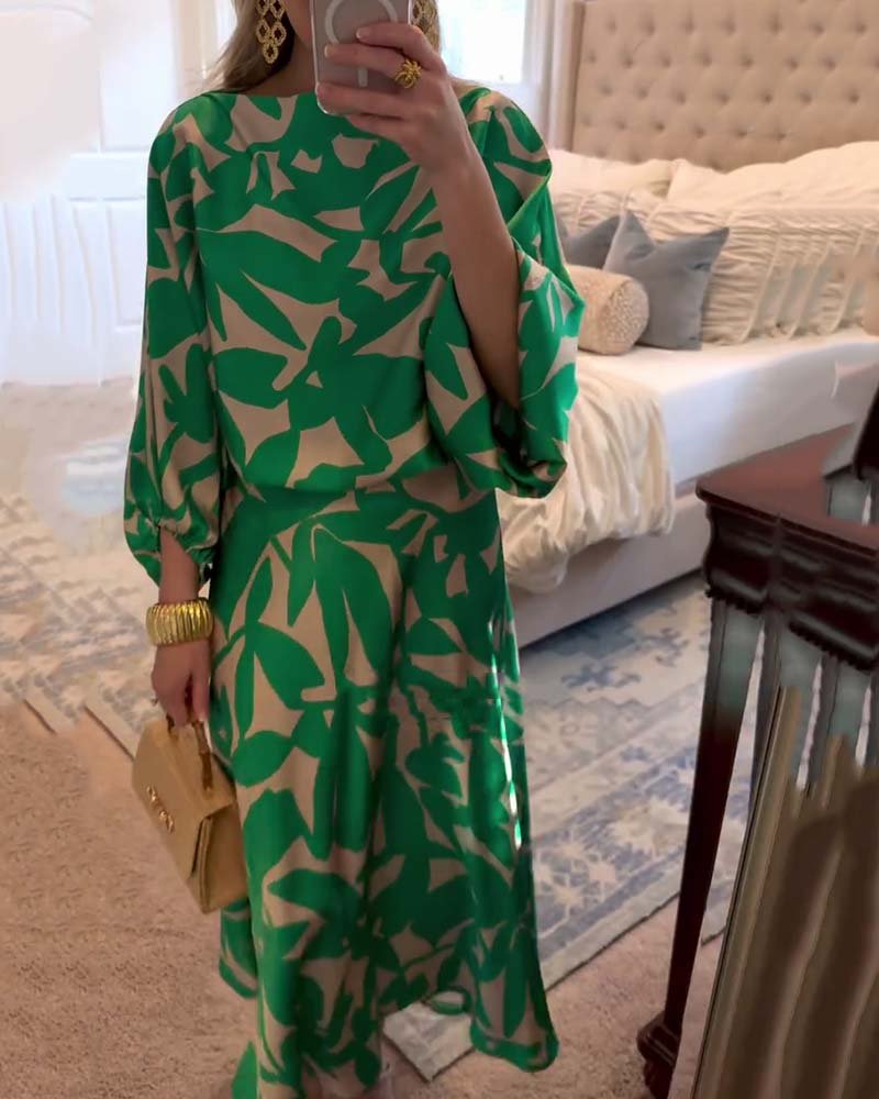 Women's Foliage Print Lantern Sleeve Two-Piece Matching Set
