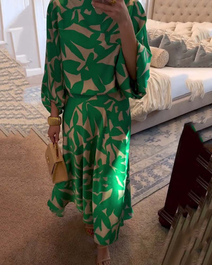 Women's Foliage Print Lantern Sleeve Two-Piece Matching Set