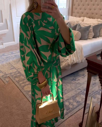 Women's Foliage Print Lantern Sleeve Two-Piece Matching Set