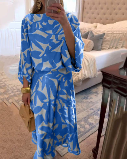 Women's Foliage Print Lantern Sleeve Two-Piece Matching Set