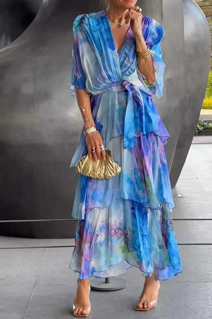 Women's Tiered Floral Chiffon Maxi Dress