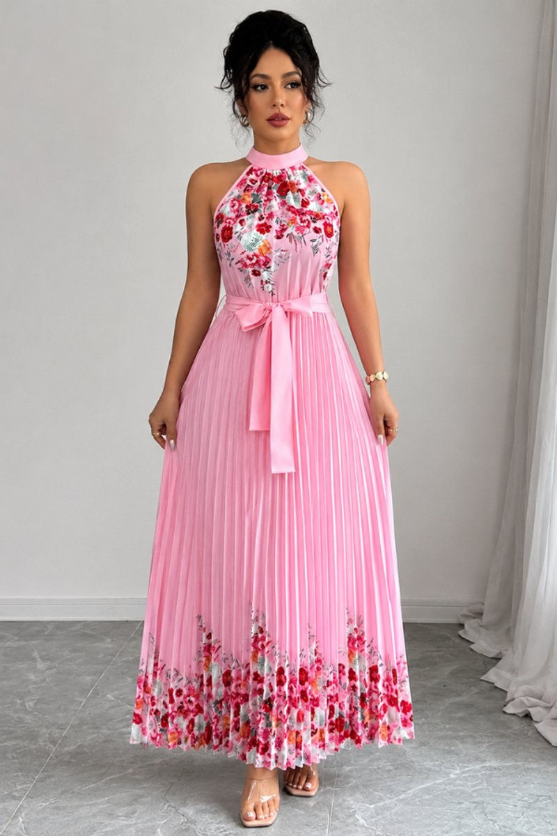 Women's Halter-Neck Floral Pleated Midi Evening Gown