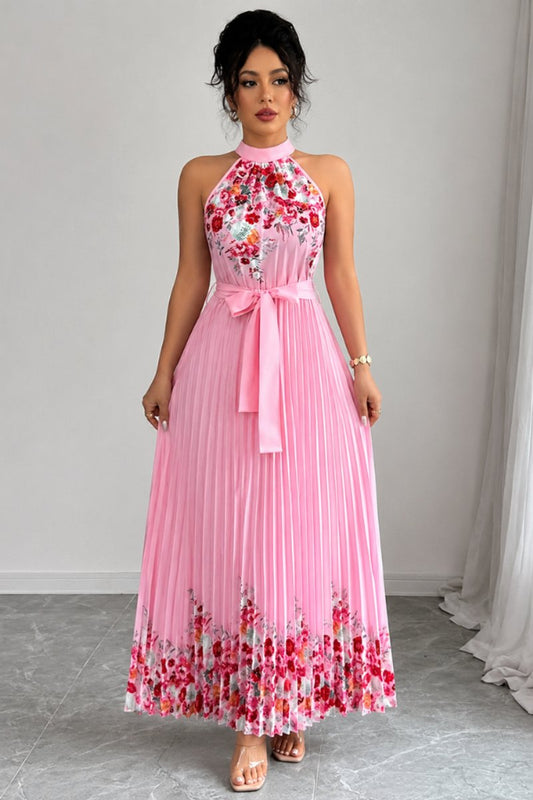 Women's Halter-Neck Floral Pleated Midi Evening Gown