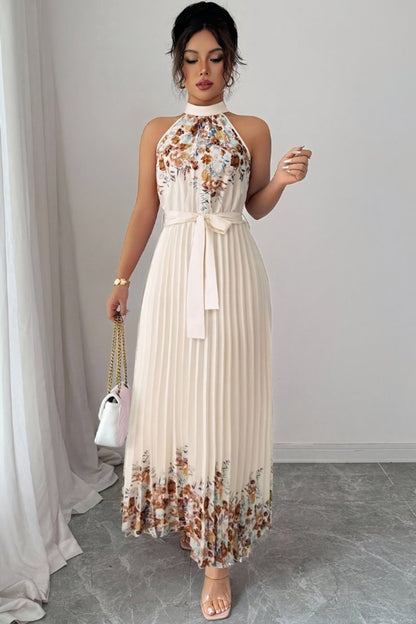 Women's Halter-Neck Floral Pleated Midi Evening Gown