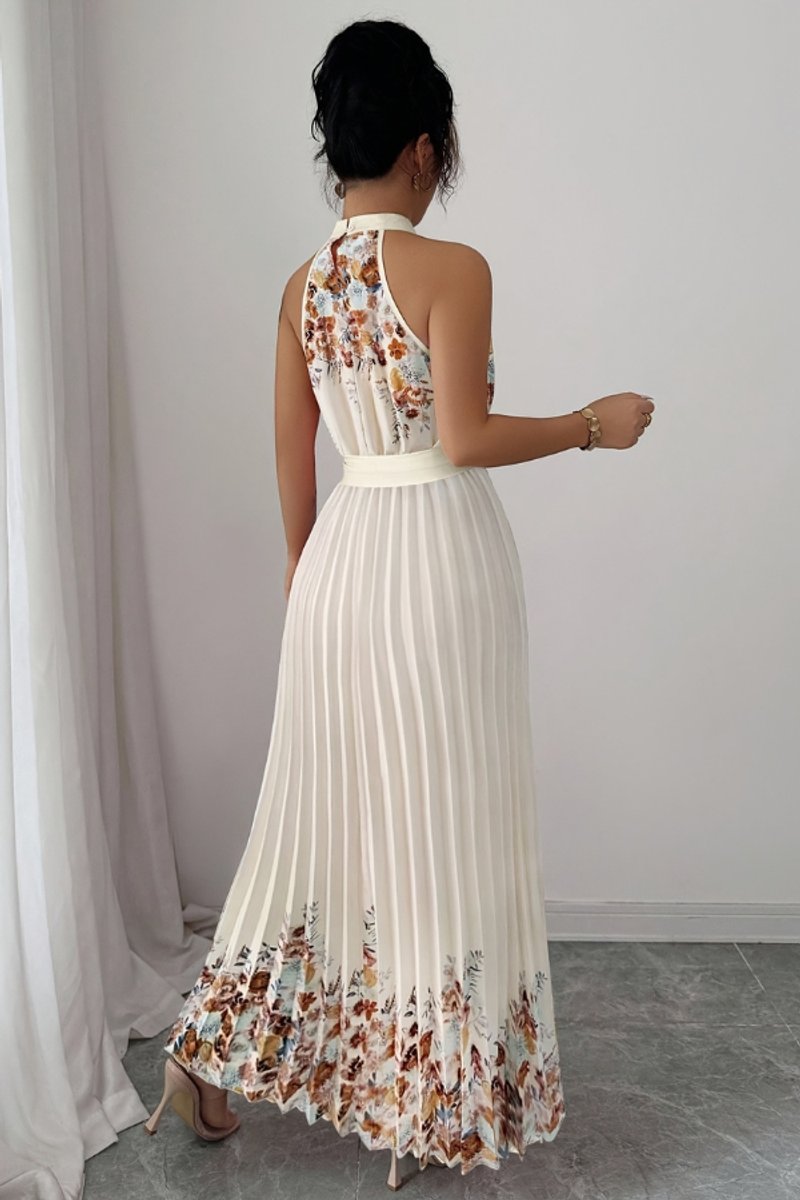 Women's Halter-Neck Floral Pleated Midi Evening Gown