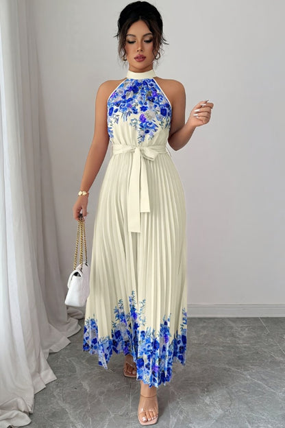 Women's Halter-Neck Floral Pleated Midi Evening Gown