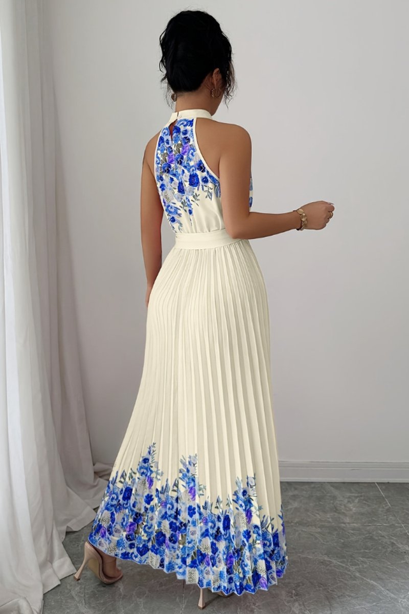 Women's Halter-Neck Floral Pleated Midi Evening Gown