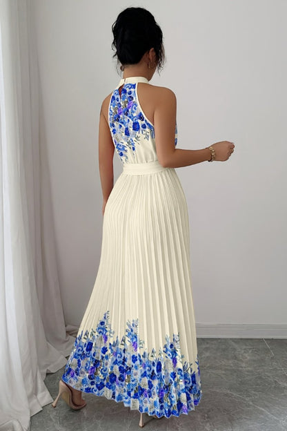 Women's Halter-Neck Floral Pleated Midi Evening Gown