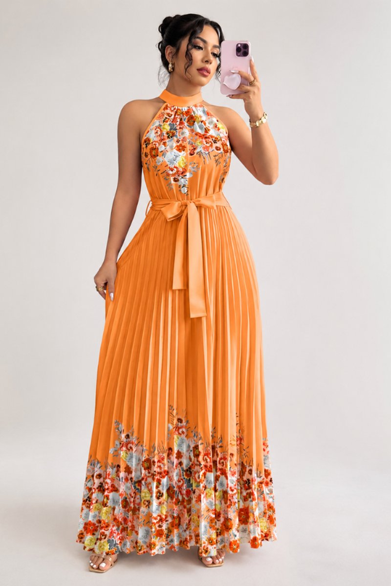 Women's Halter-Neck Floral Pleated Midi Evening Gown