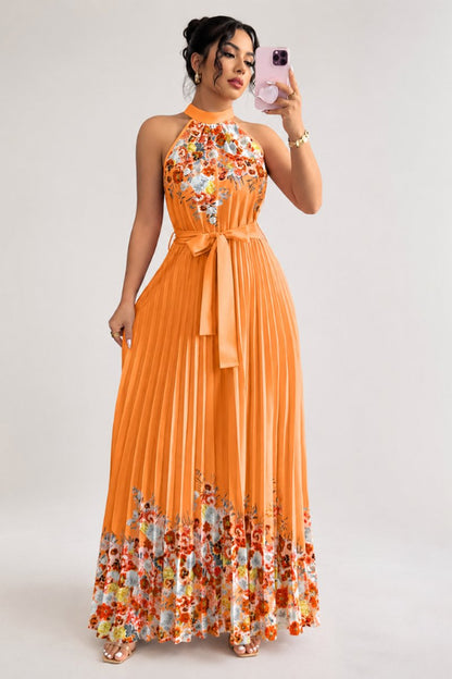 Women's Halter-Neck Floral Pleated Midi Evening Gown