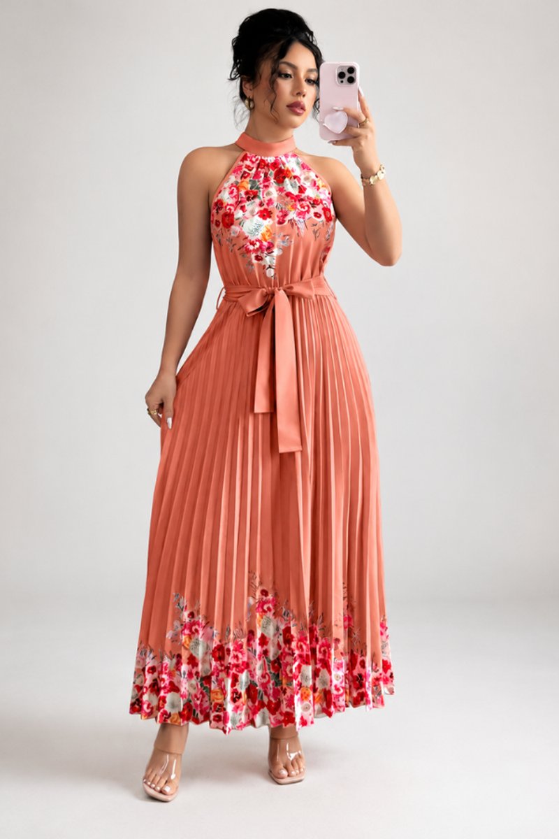 Women's Halter-Neck Floral Pleated Midi Evening Gown