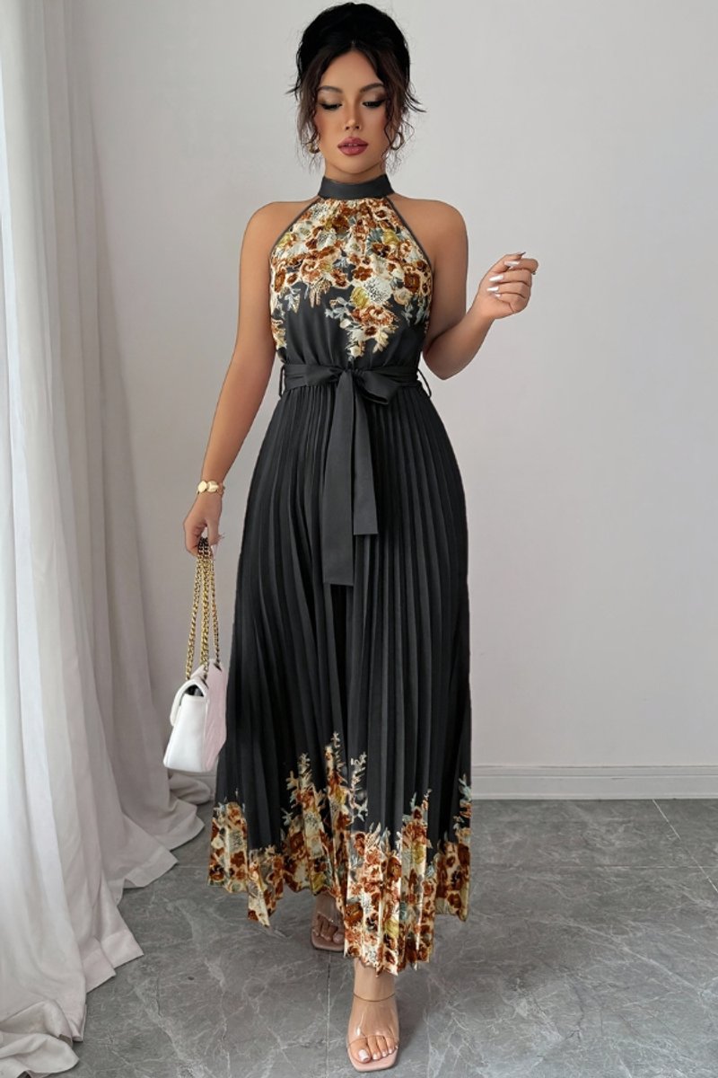 Women's Halter-Neck Floral Pleated Midi Evening Gown
