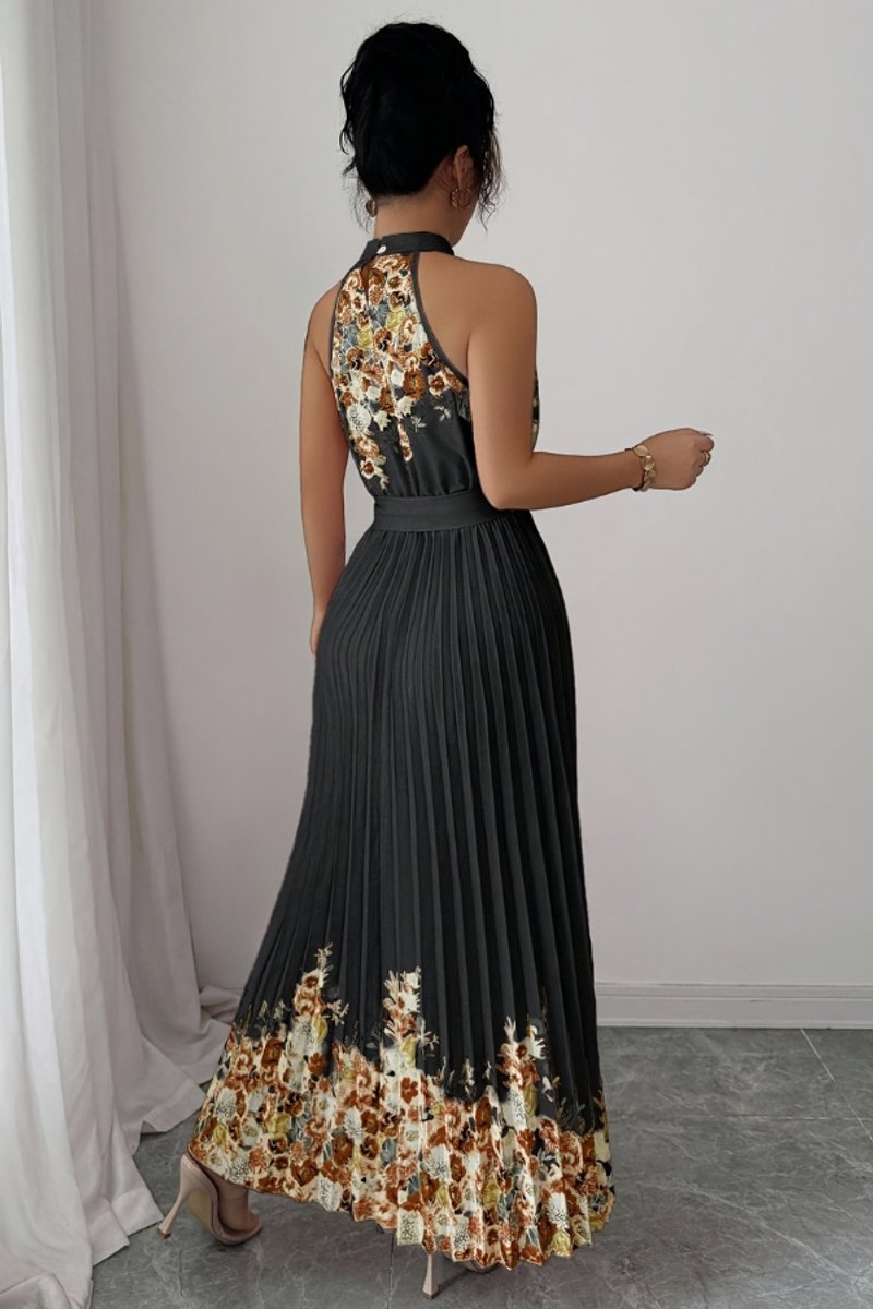 Women's Halter-Neck Floral Pleated Midi Evening Gown