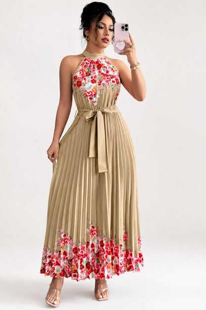 Women's Halter-Neck Floral Pleated Midi Evening Gown