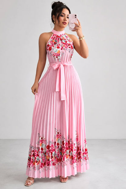 Women's Halter-Neck Floral Pleated Midi Evening Gown