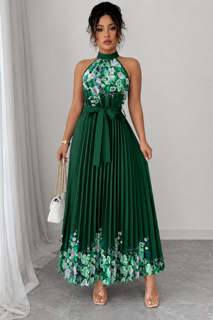 Women's Halter-Neck Floral Pleated Midi Evening Gown