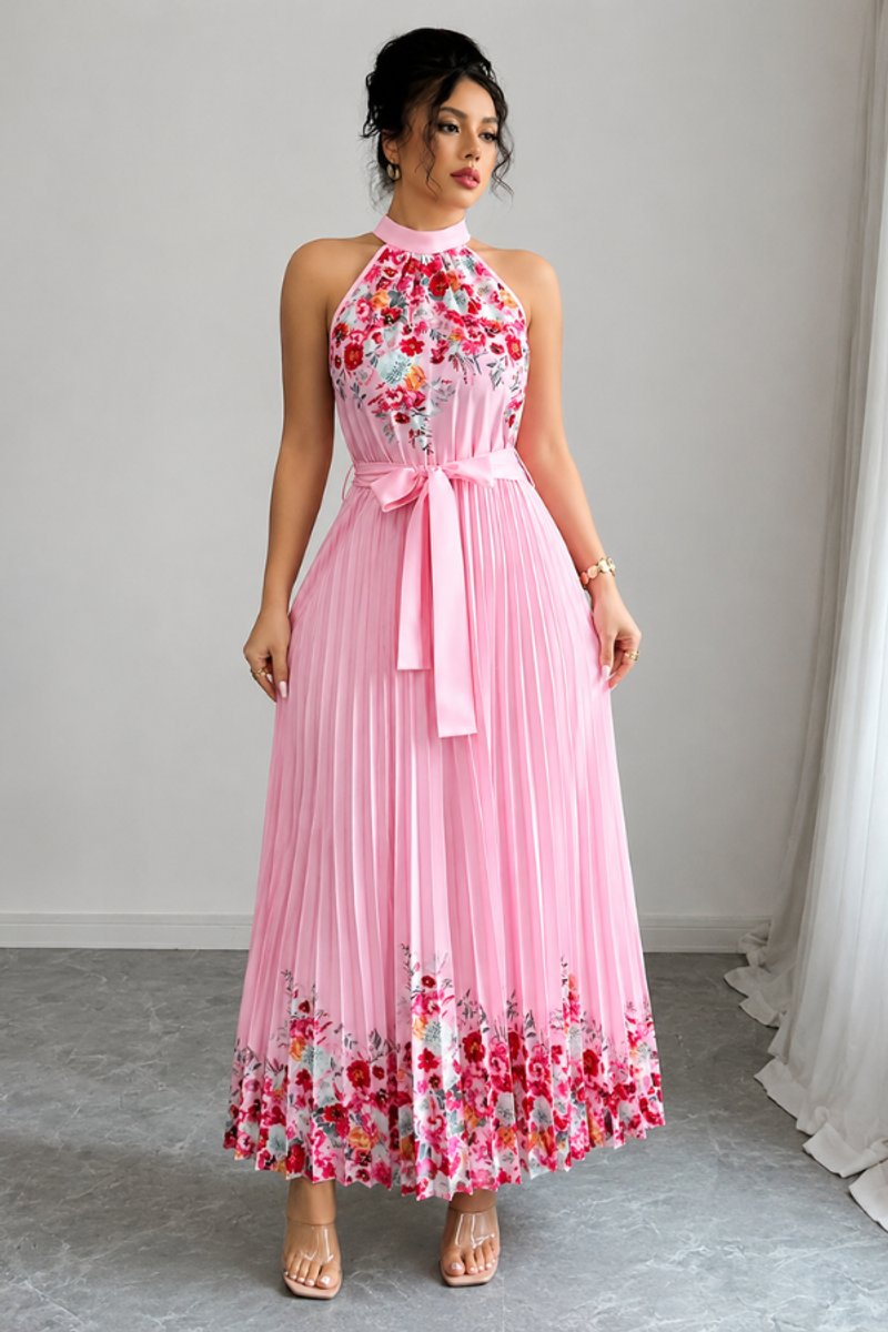 Women's Halter-Neck Floral Pleated Midi Evening Gown