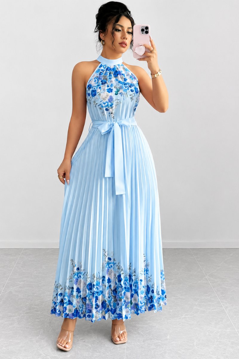 Women's Halter-Neck Floral Pleated Midi Evening Gown