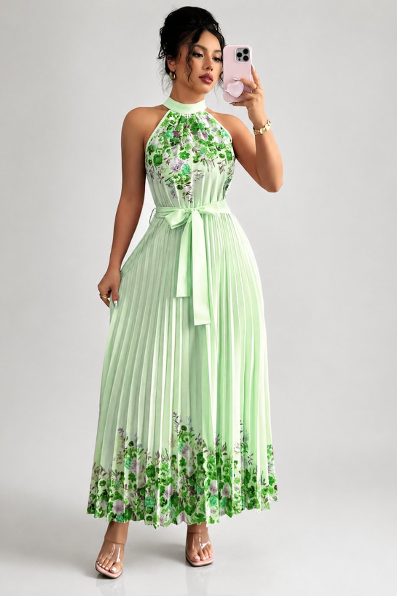 Women's Halter-Neck Floral Pleated Midi Evening Gown