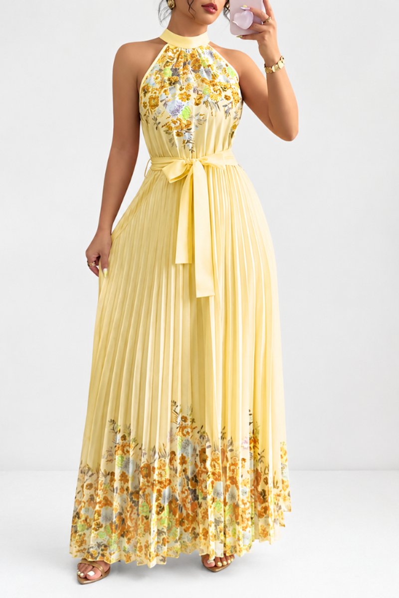 Women's Halter-Neck Floral Pleated Midi Evening Gown