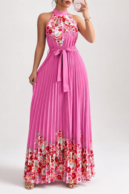 Women's Halter-Neck Floral Pleated Midi Evening Gown