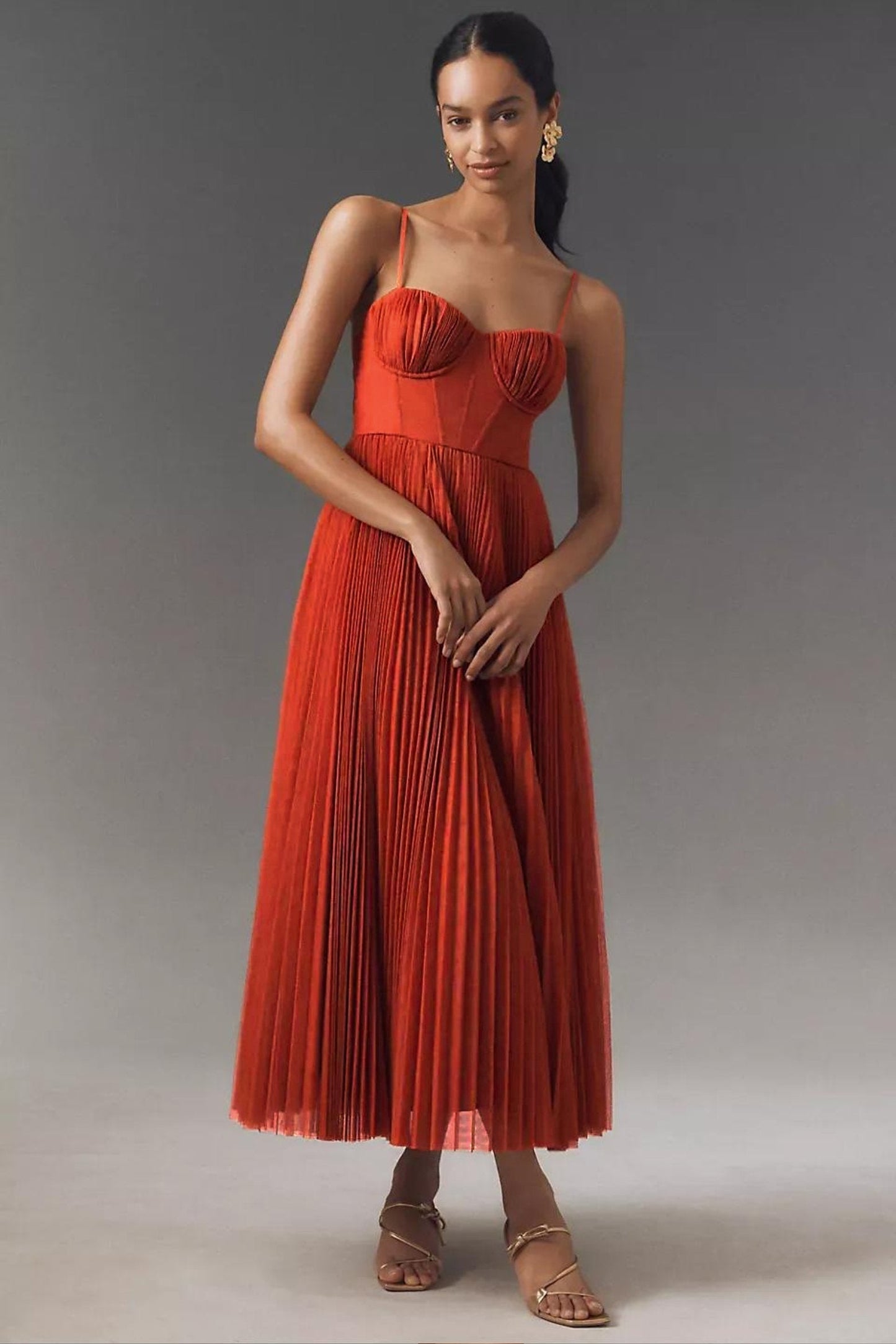 Women's Corset-Style Pleated Midi Slip Dress