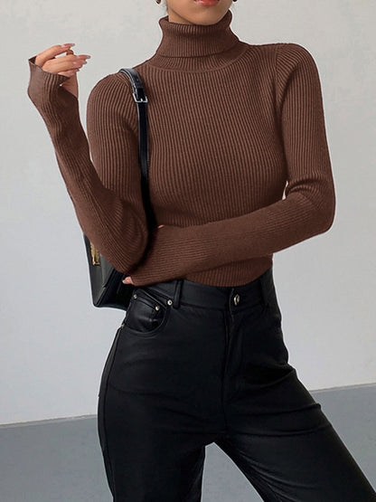 Fine-Ribbed High-Neck Spring Knit Pullover for Women
