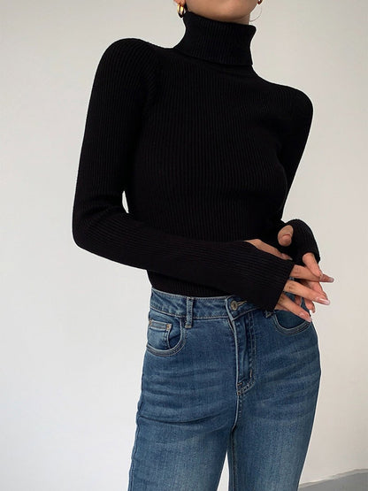 Fine-Ribbed High-Neck Spring Knit Pullover for Women