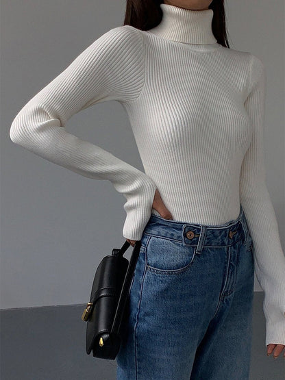 Fine-Ribbed High-Neck Spring Knit Pullover for Women
