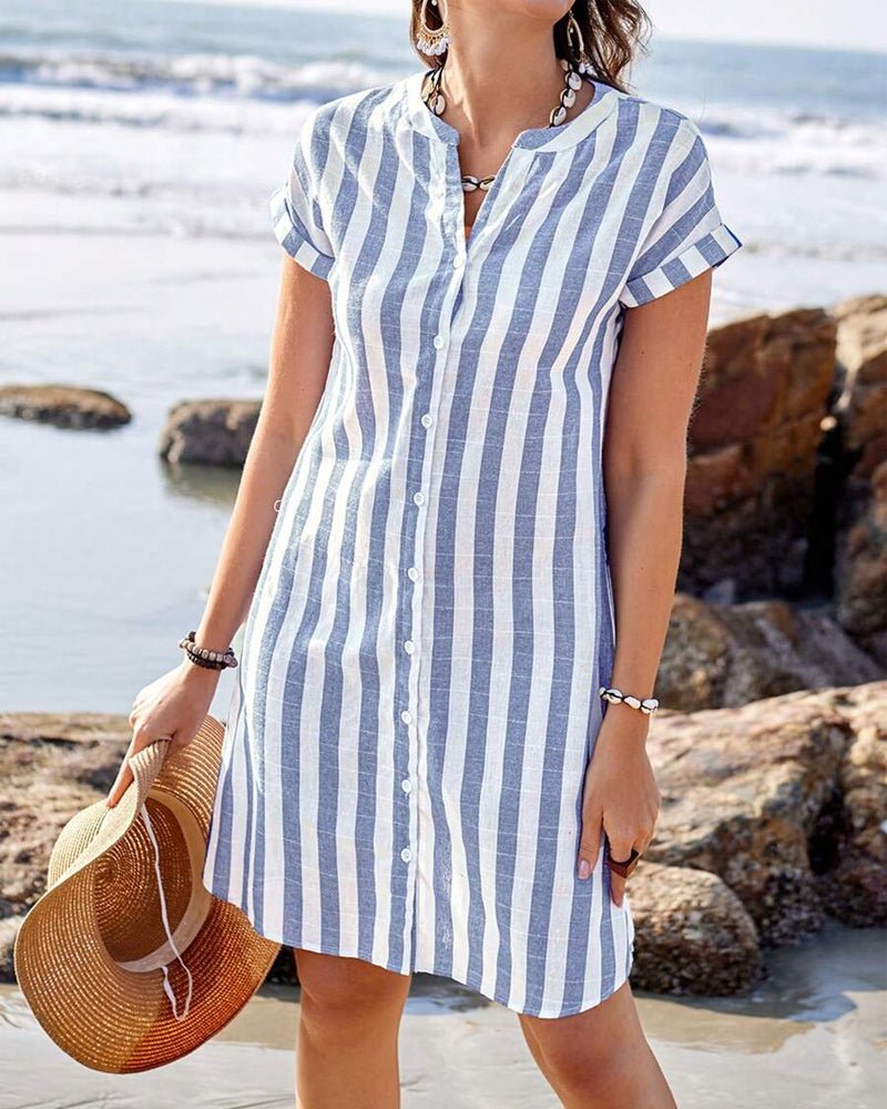 Button-Up Striped Linen Short Sleeve Shirt Dress for Women