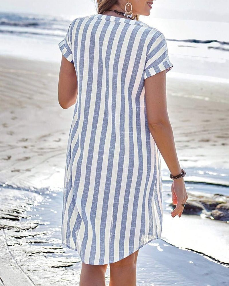 Button-Up Striped Linen Short Sleeve Shirt Dress for Women