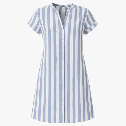 Button-Up Striped Linen Short Sleeve Shirt Dress for Women