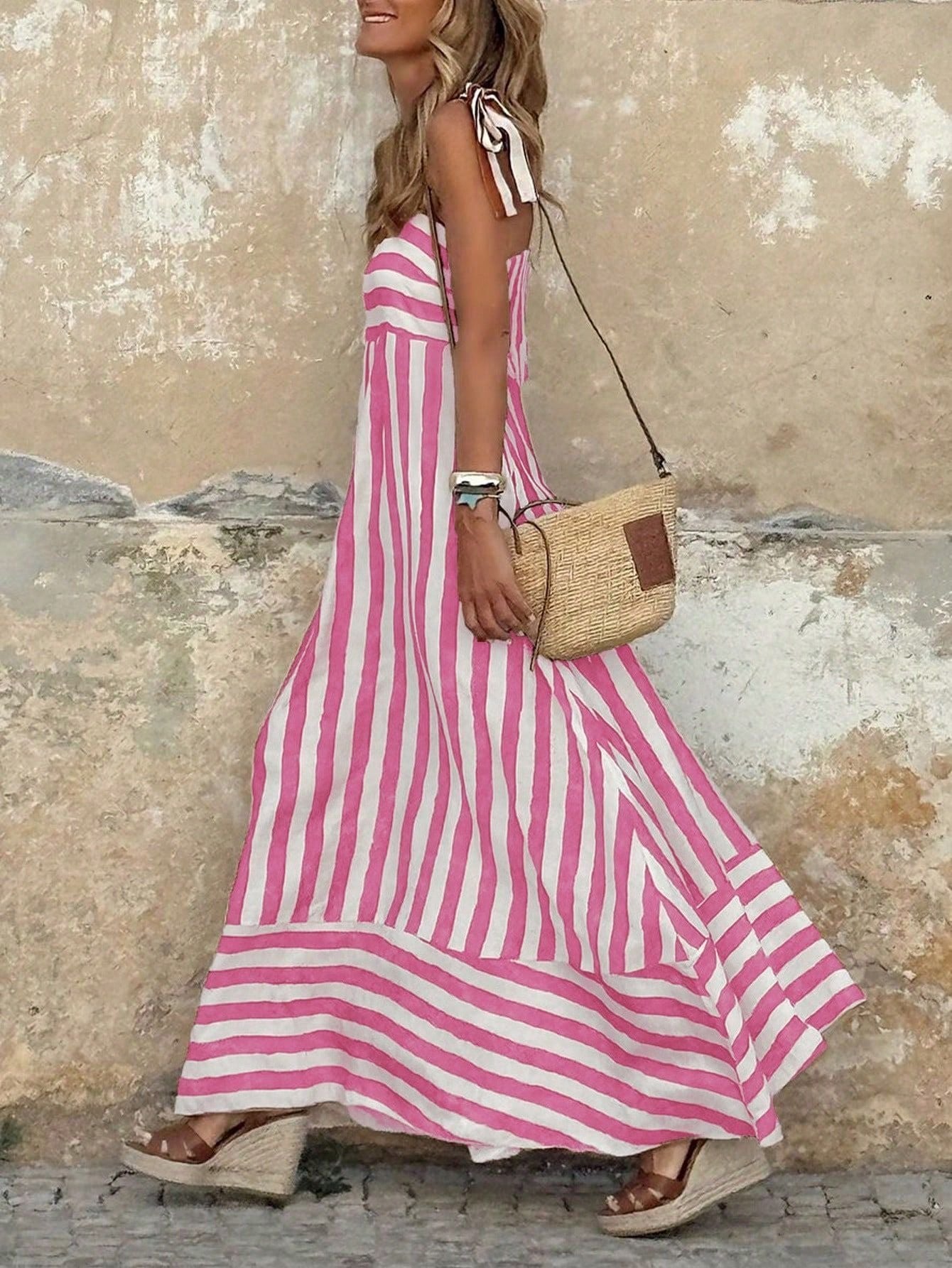 Women's Adjustable-Strap Flowy Striped Maxi Dress