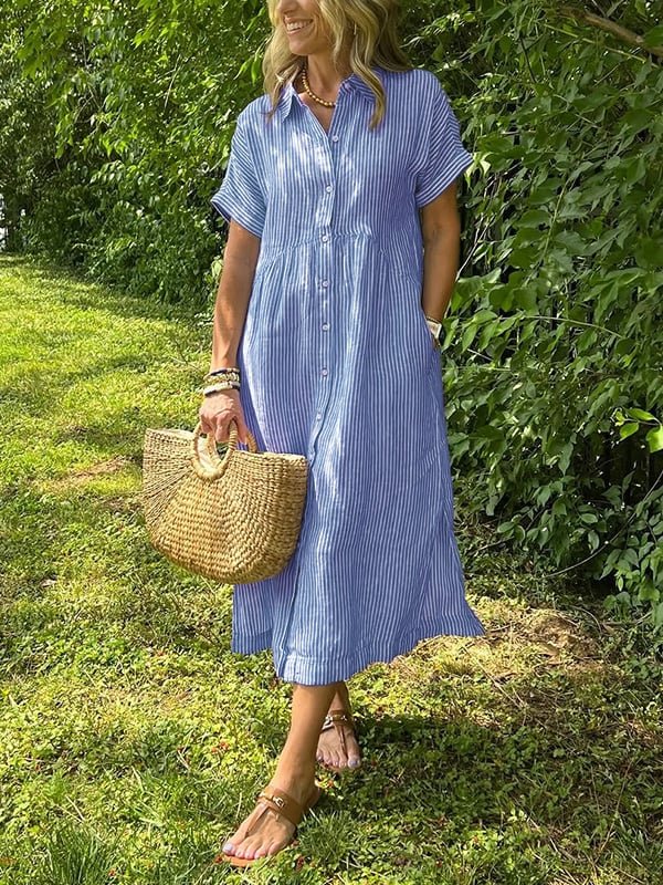 Women's Short-Sleeve Striped Midi Length Shirt Dress