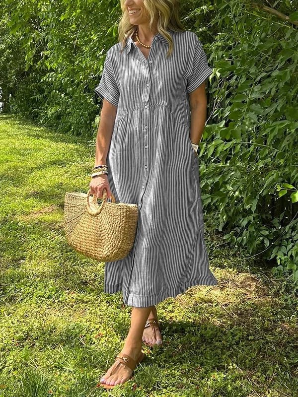 Women's Short-Sleeve Striped Midi Length Shirt Dress