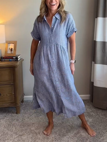 Women's Short-Sleeve Striped Midi Length Shirt Dress