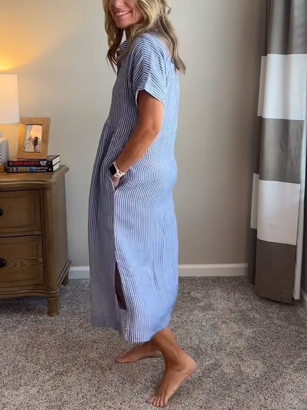 Women's Short-Sleeve Striped Midi Length Shirt Dress