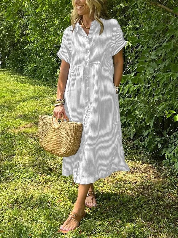 Women's Short-Sleeve Striped Midi Length Shirt Dress