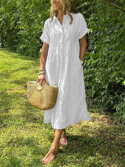 Women's Short-Sleeve Striped Midi Length Shirt Dress