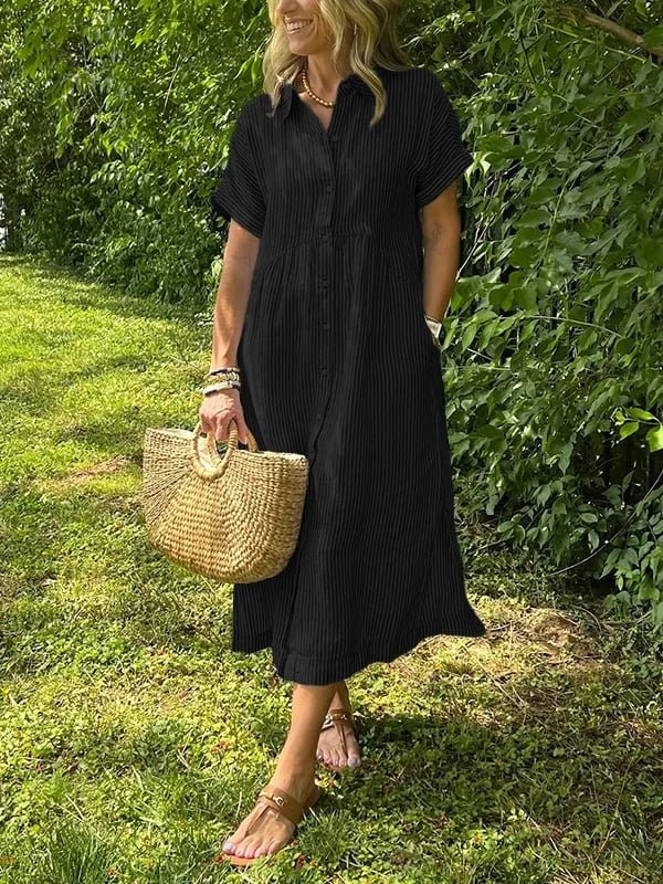 Women's Short-Sleeve Striped Midi Length Shirt Dress