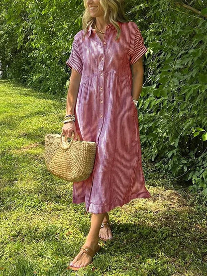 Women's Short-Sleeve Striped Midi Length Shirt Dress