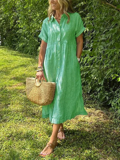 Women's Short-Sleeve Striped Midi Length Shirt Dress