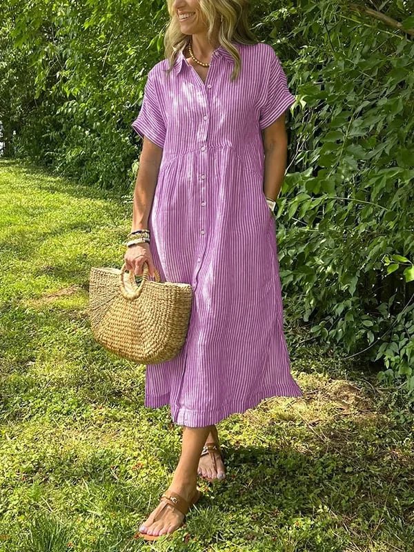 Women's Short-Sleeve Striped Midi Length Shirt Dress