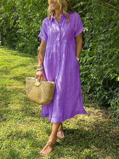 Women's Short-Sleeve Striped Midi Length Shirt Dress