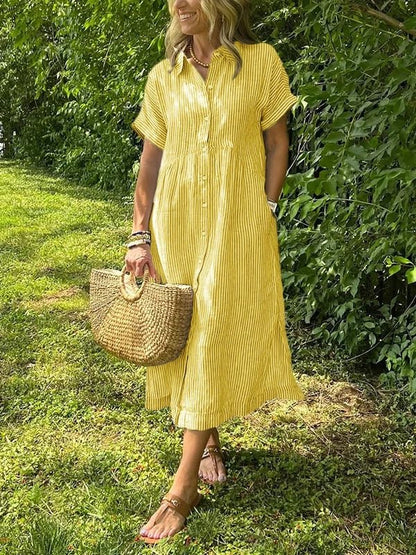 Women's Short-Sleeve Striped Midi Length Shirt Dress
