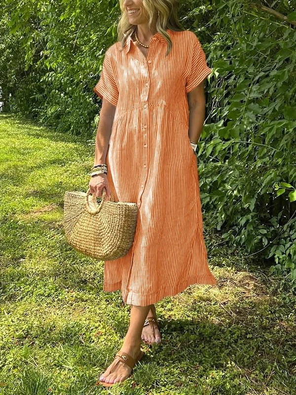 Women's Short-Sleeve Striped Midi Length Shirt Dress
